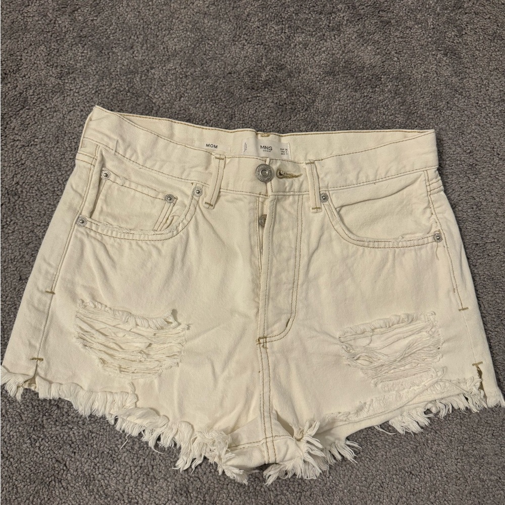 Women's Cream Distressed Denim Shorts